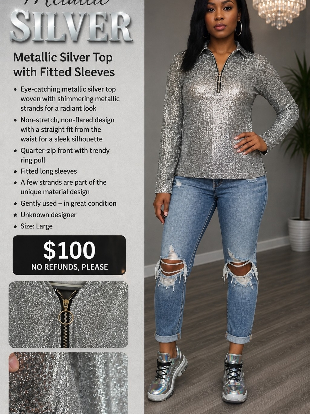Unknown Designer Metallic Silver Quarter-Zip Top - Size L, Silver         $100